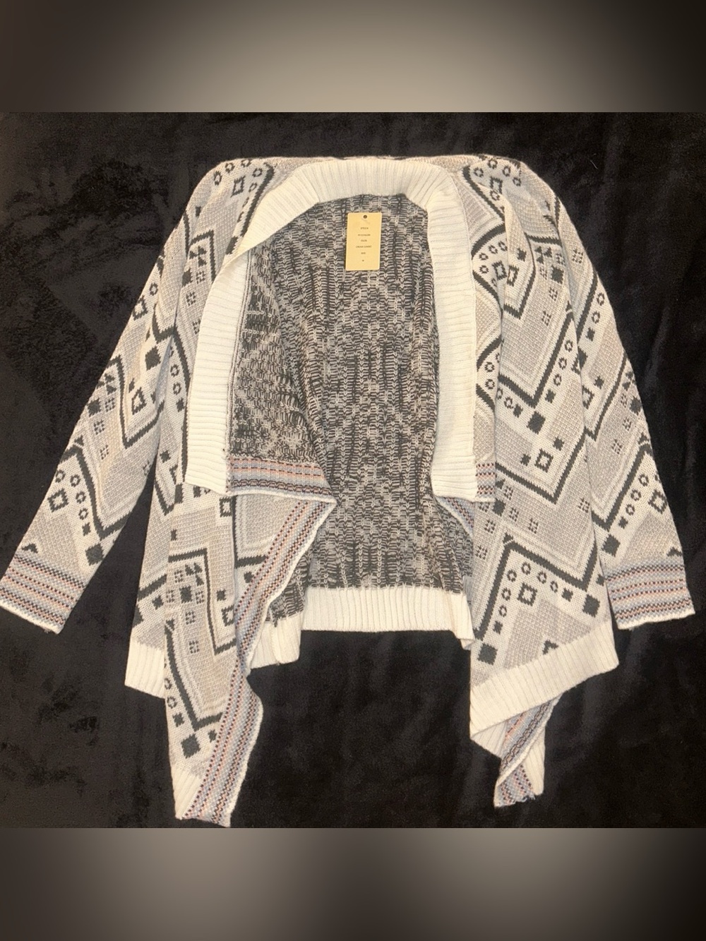 Open-Front Geometric Knit Cardigan - Cream/Gray